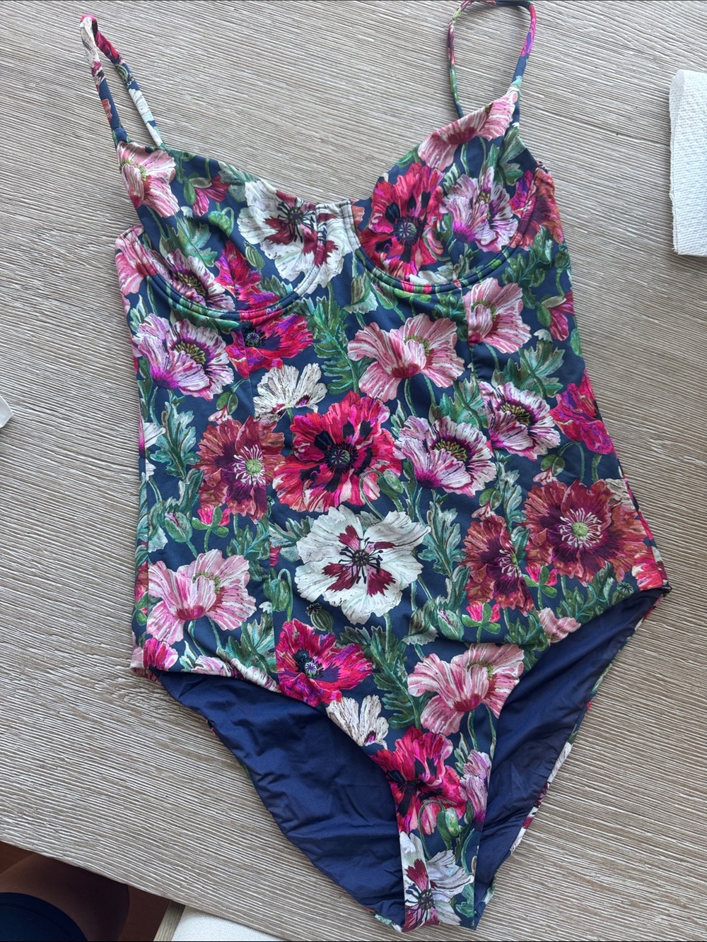 Onia Floral One-Piece Swimsuit in Navy with Pink & White Blooms